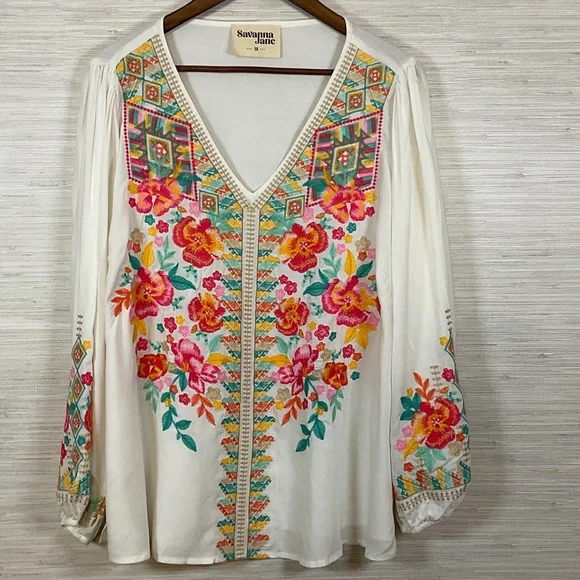 Savanna Jane V-Neck Blouse with Floral Embroidery - White and Pink Plus 1X - Picture 1 of 14